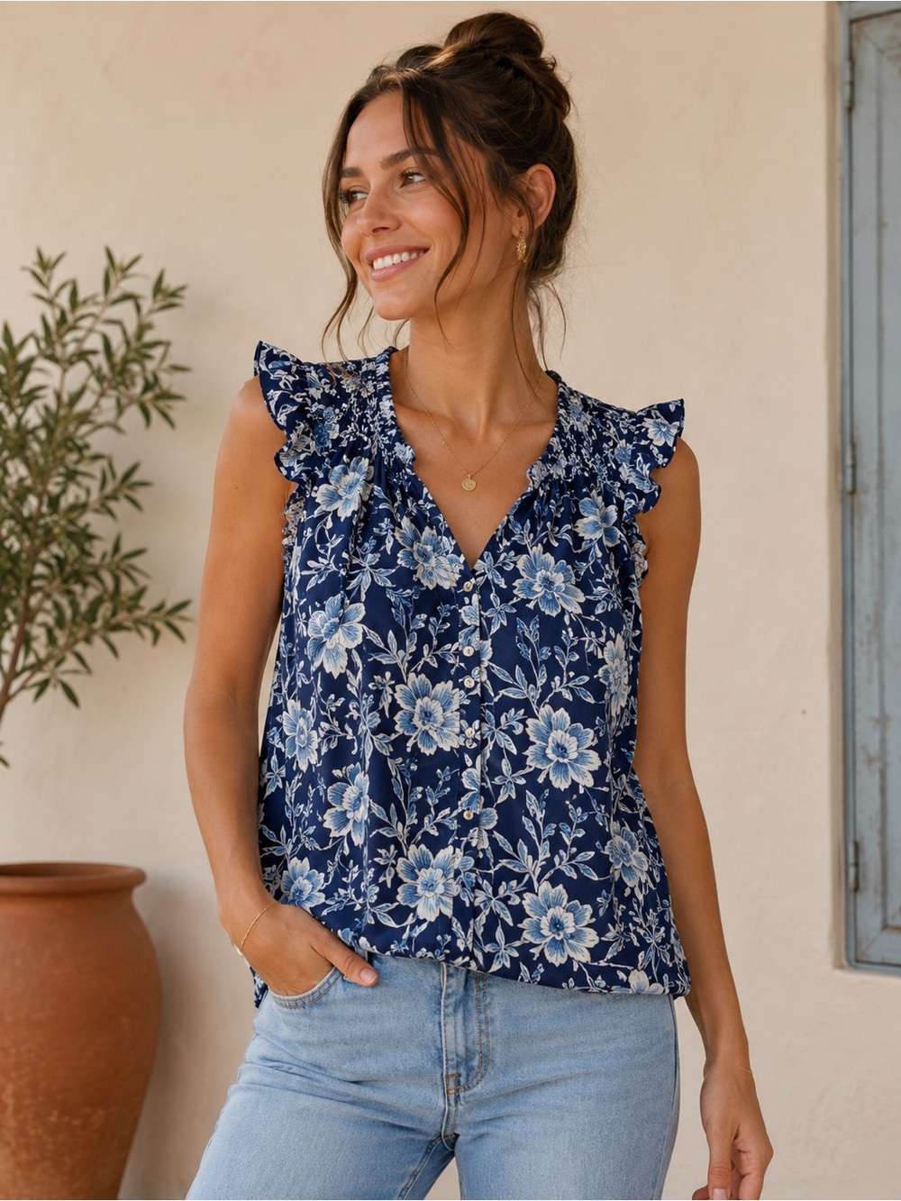 Jennifer & Grace Floral Cotton Blouse Size M Ruffle Sleeve Top